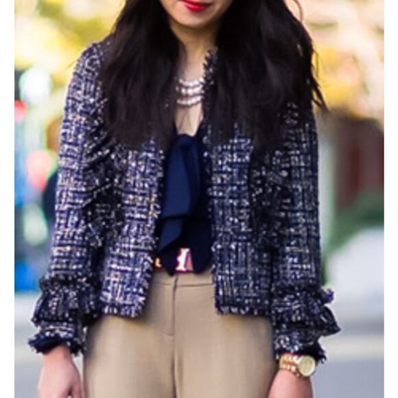 New Ann Taylor 4 Blue Black Ruffle Tweed Peplum Jacket Blazer Hook Eye Front - Picture 13 of 14